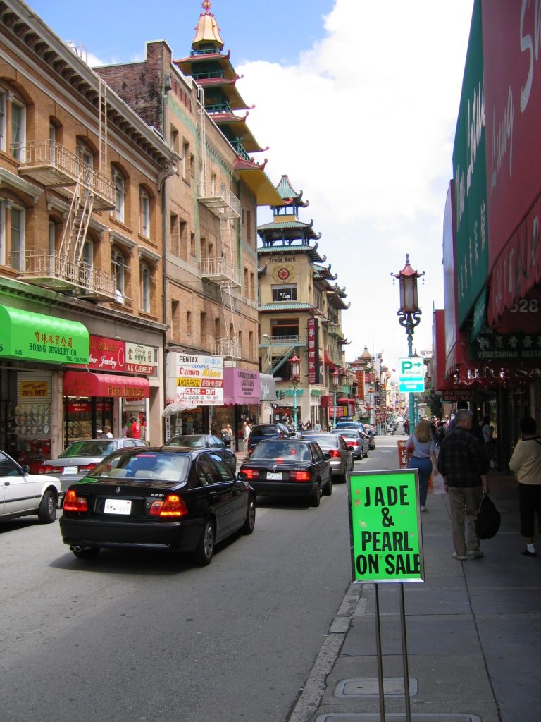 Shops and street life along Grant Avenue in San Francisco Chinatown