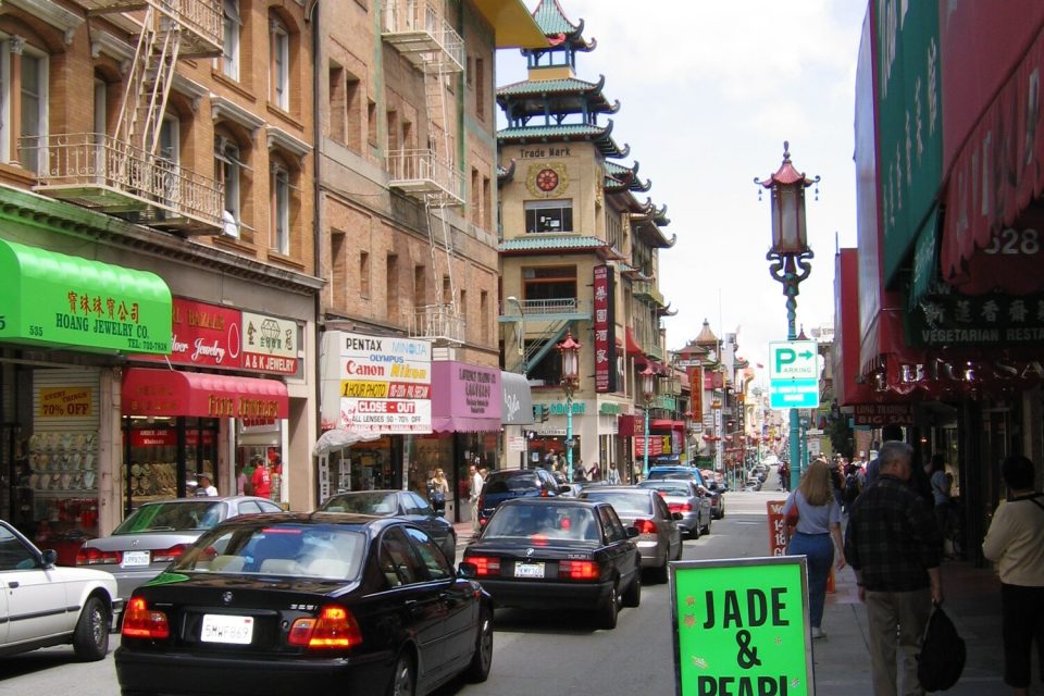 Shops and street life along Grant Avenue in San Francisco Chinatown